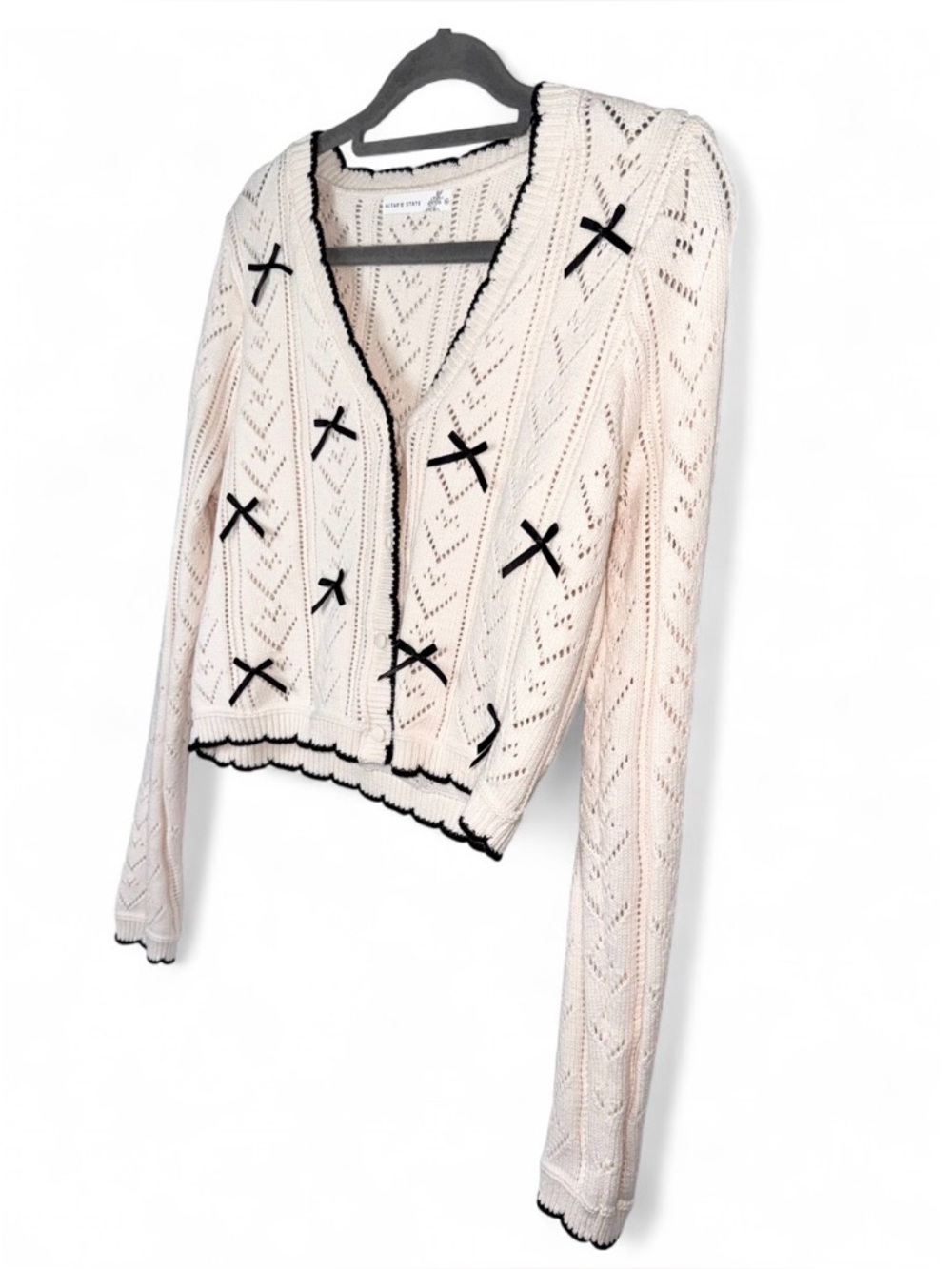 Altar’d State Bow Cardigan Womens XL Ivory Black Cropped Coquette Pointelle Knit - Picture 2 of 8